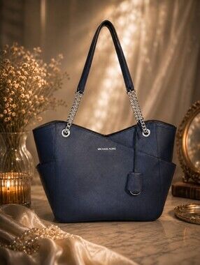 Michael Kors Jet Set Medium Chain Tote Navy Saffiano Leather Shoulder Bag